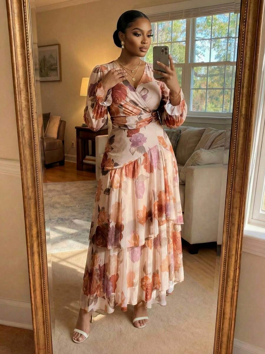 Floral Long Sleeve Tiered Maxi Dress