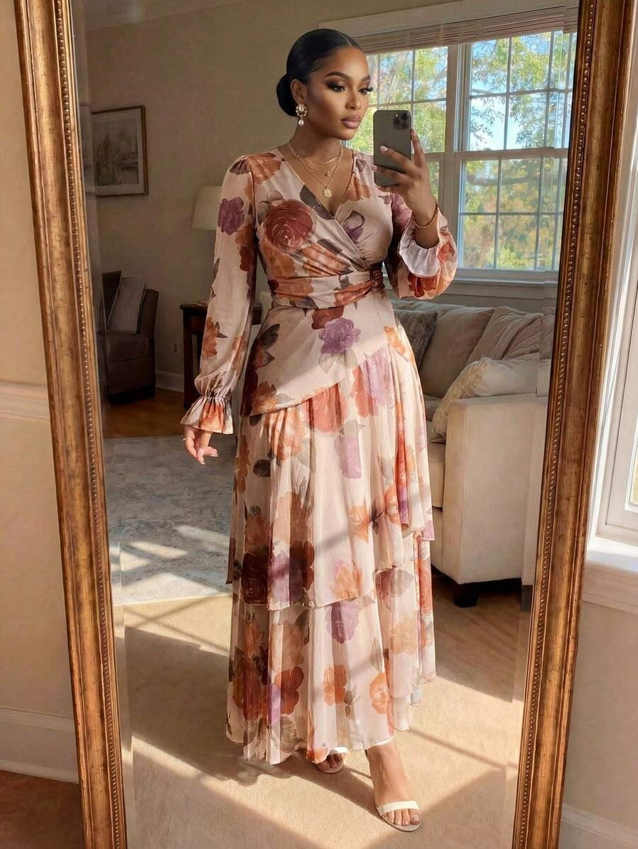 Floral Long Sleeve Tiered Maxi Dress