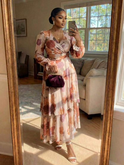 Floral Long Sleeve Tiered Maxi Dress