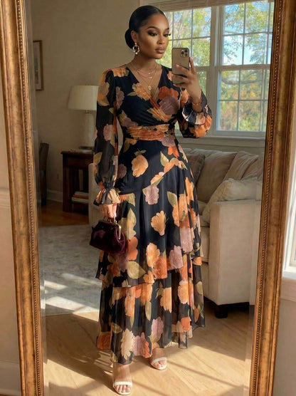Floral Long Sleeve Tiered Maxi Dress