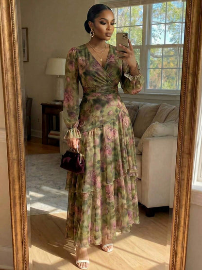 Floral Long Sleeve Tiered Maxi Dress