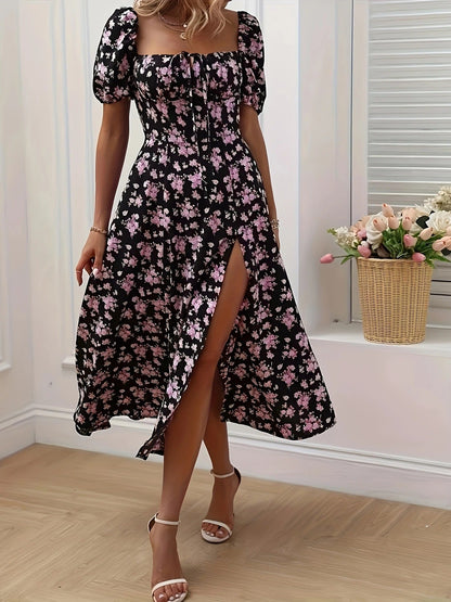 Blue - Black maxi dress with yellow floral print, featuring puff sleeves, sweetheart neckline with front tie, and a high side slit.