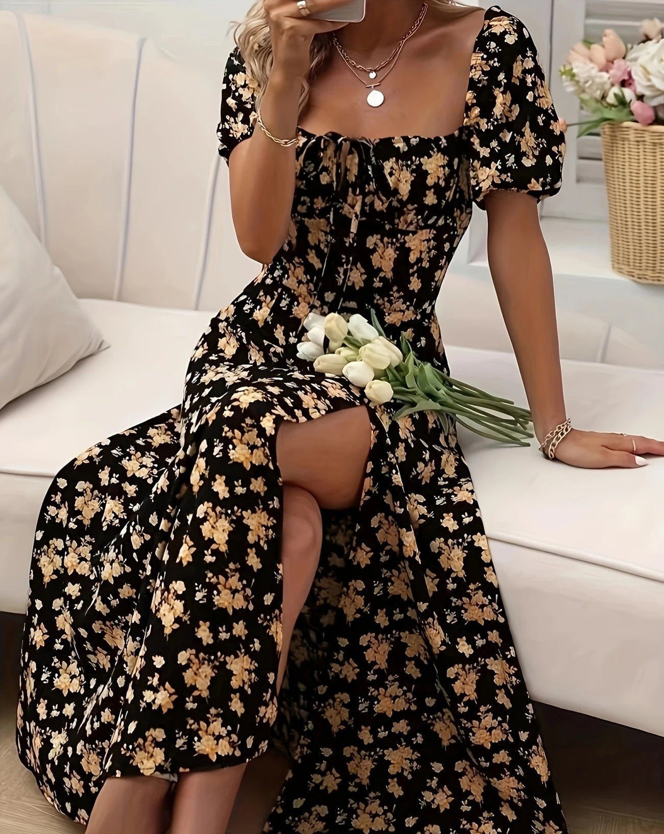 Blue - Black maxi dress with yellow floral print, featuring puff sleeves, sweetheart neckline with front tie, and a high side slit.
