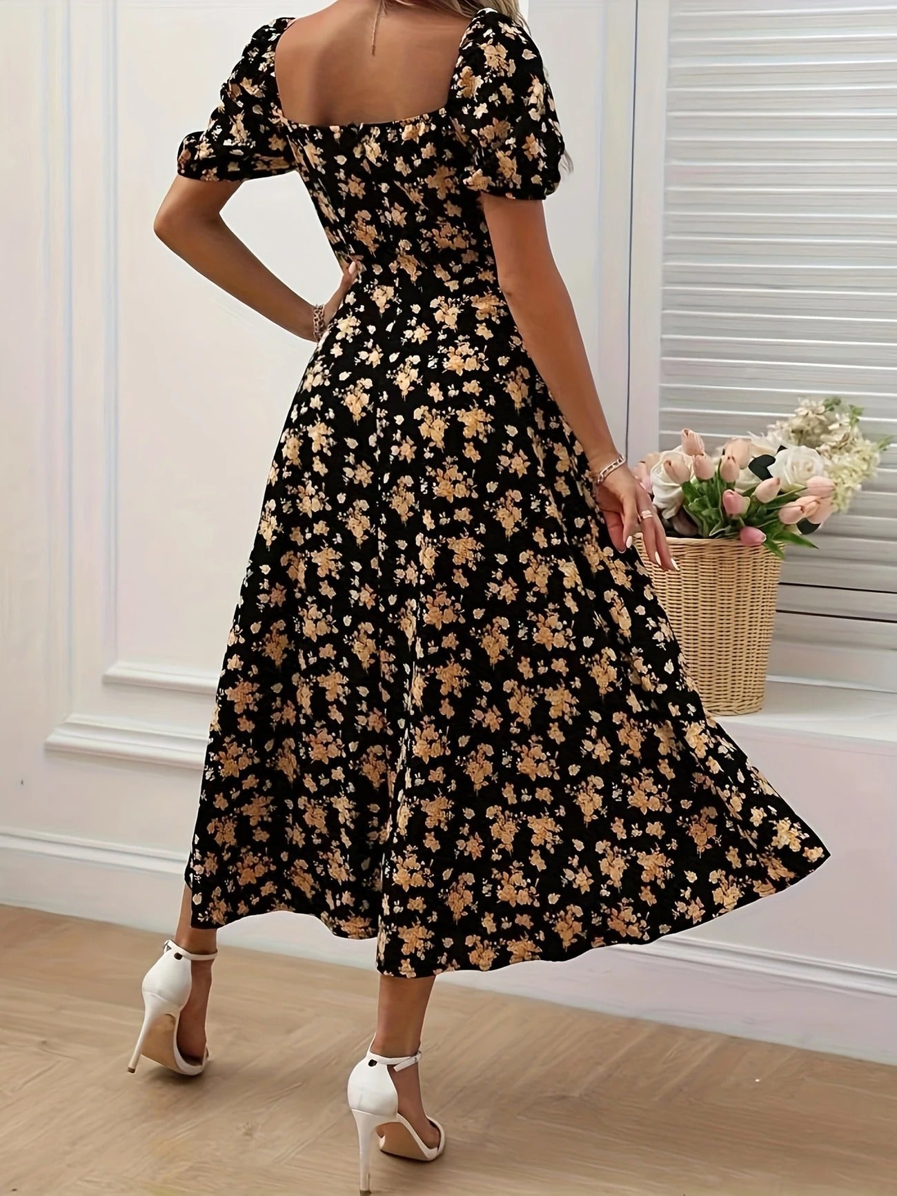 Blue - Black maxi dress with yellow floral print, featuring puff sleeves, sweetheart neckline with front tie, and a high side slit.