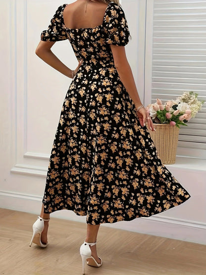 Blue - Black maxi dress with yellow floral print, featuring puff sleeves, sweetheart neckline with front tie, and a high side slit.
