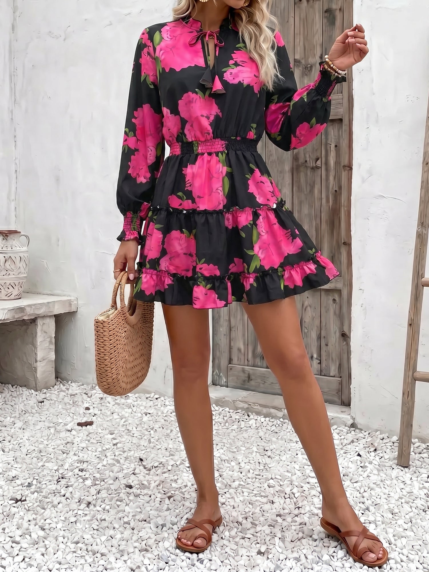 Rose Red - Woman wearing a dark mini dress with large bright floral print, featuring long sleeves, a smocked waist, and a tiered ruffle skirt