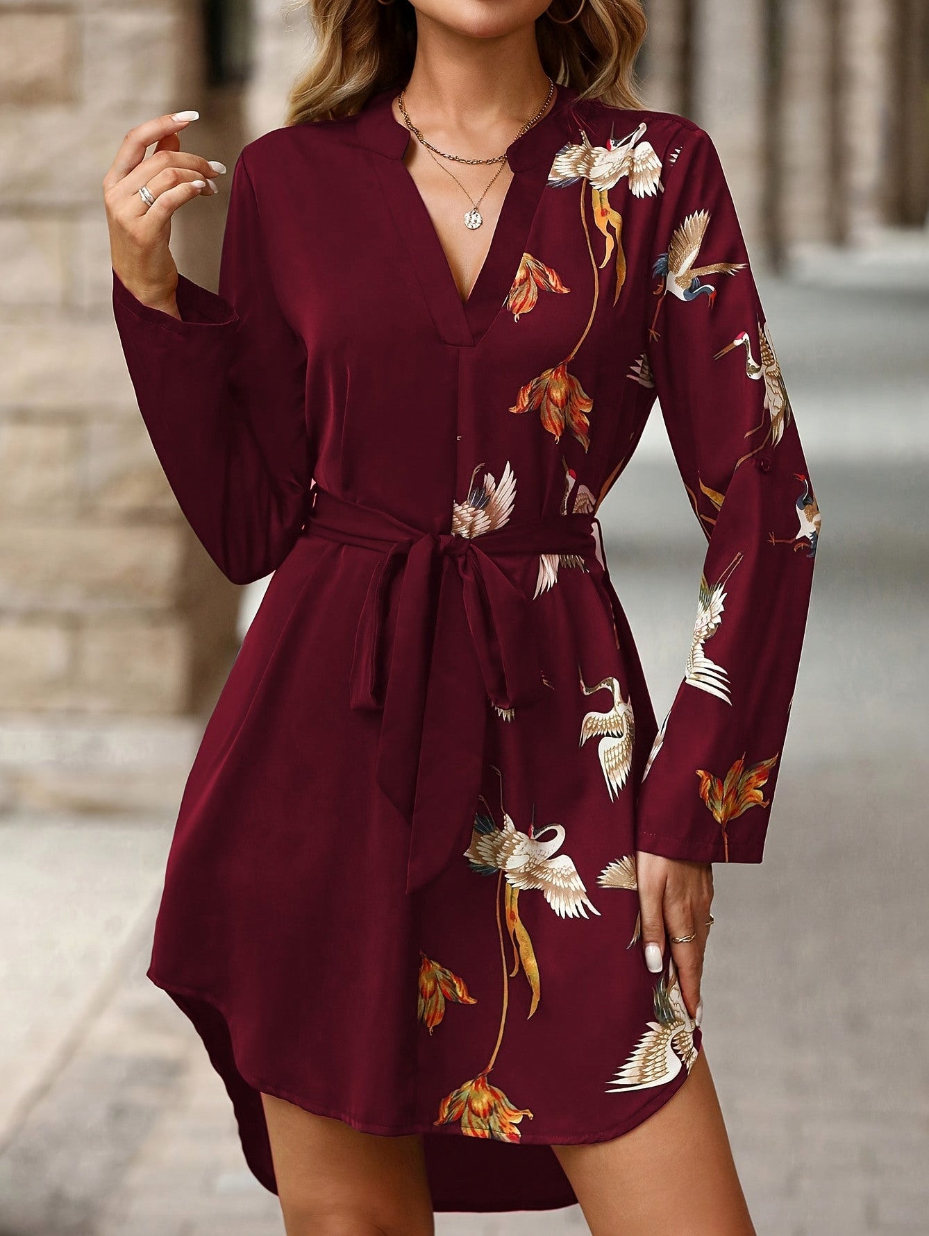 Floral Tie Waist Mini Shirt Dress