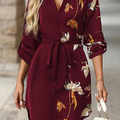 Floral Tie Waist Mini Shirt Dress
