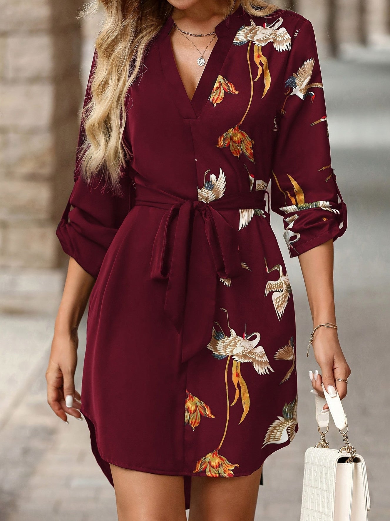 Floral Tie Waist Mini Shirt Dress