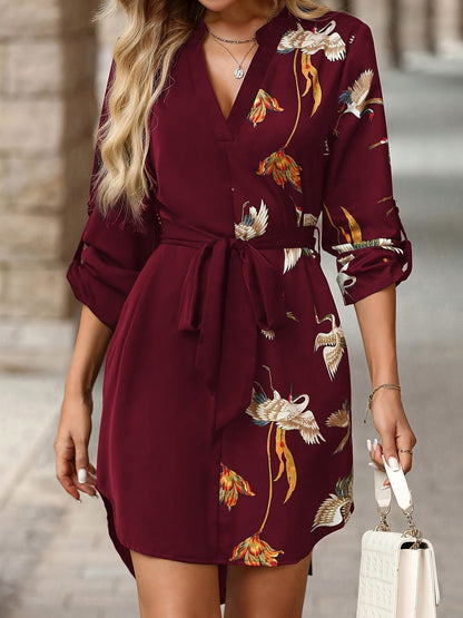 Floral Tie Waist Mini Shirt Dress