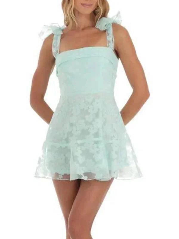Mint green - Pink and white floral tulle mini dress featuring a square neckline, tie-shoulder straps, and a scalloped hem.