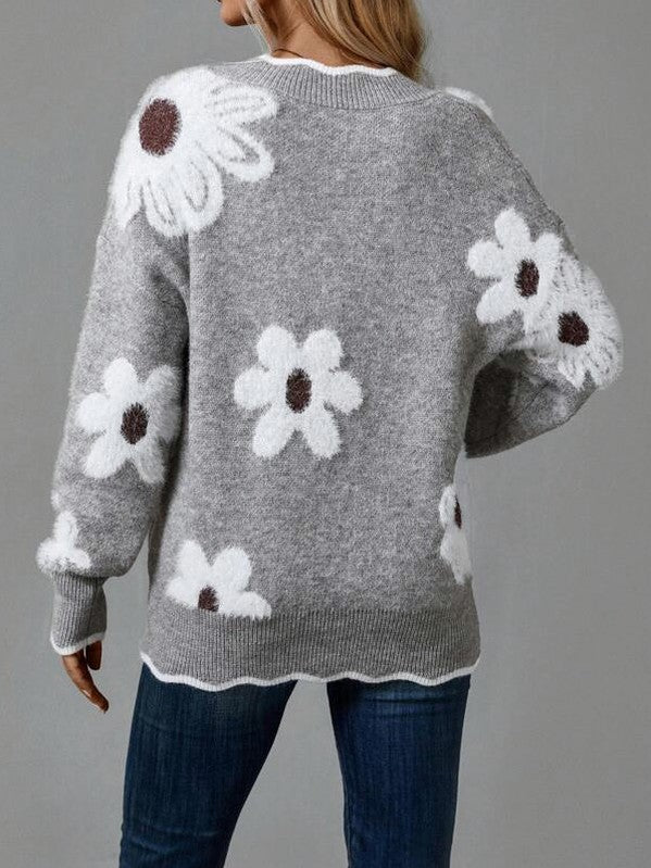 Floral V Neck Relaxed Knit Sweater