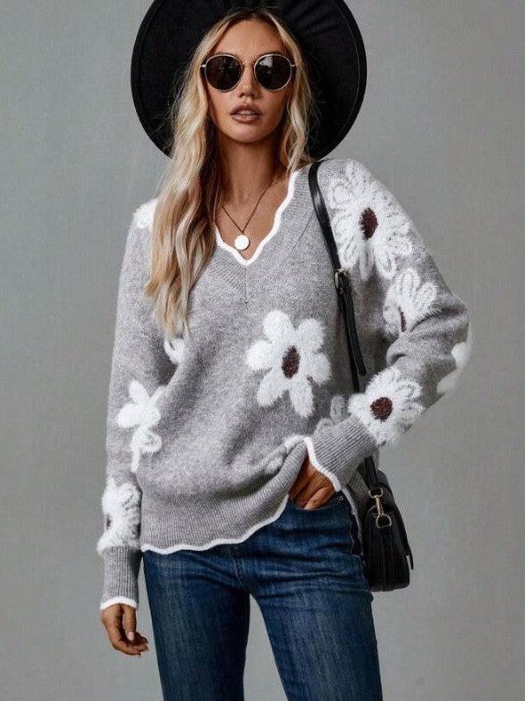 Floral V Neck Relaxed Knit Sweater
