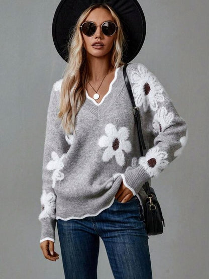 Floral V Neck Relaxed Knit Sweater