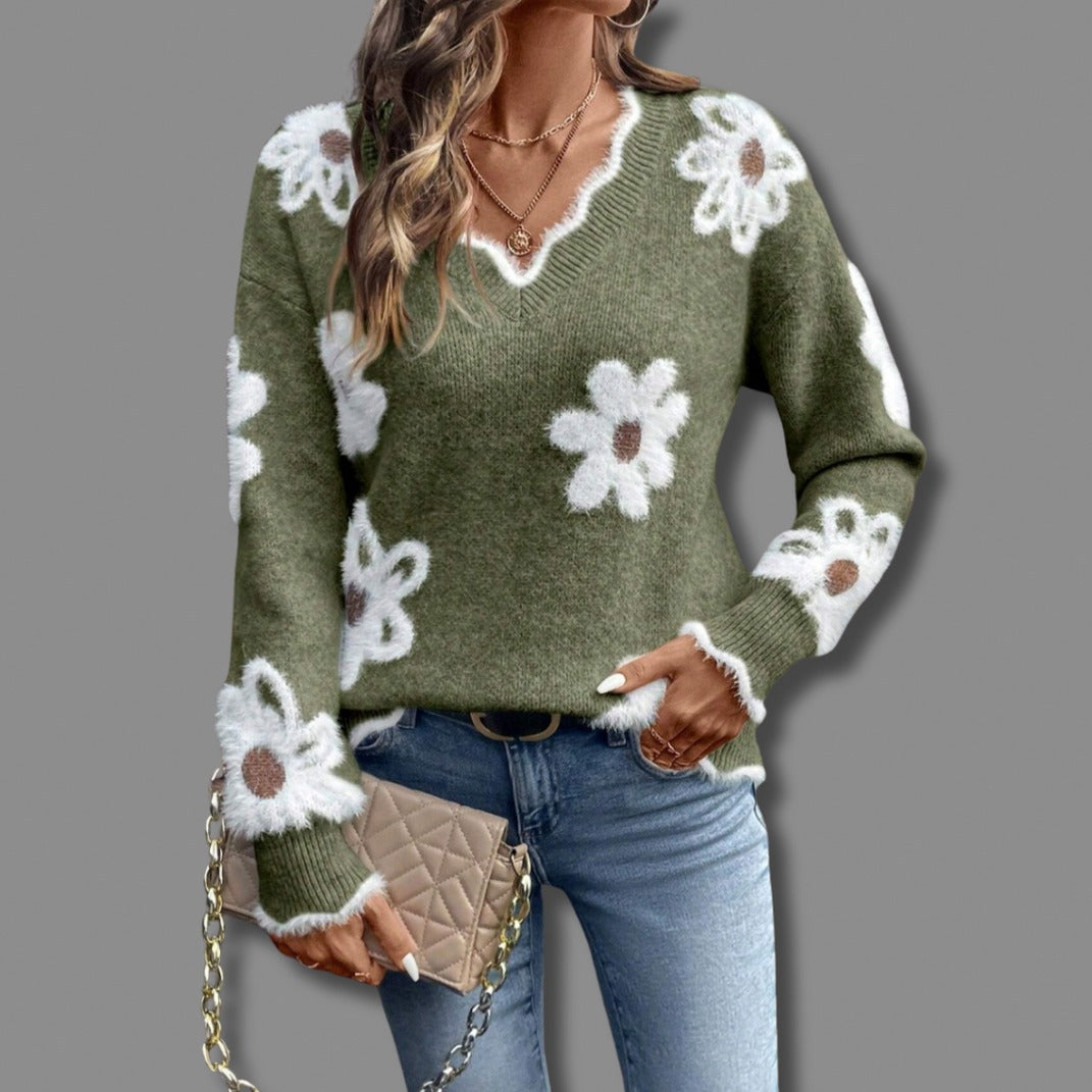 Floral V Neck Relaxed Knit Sweater