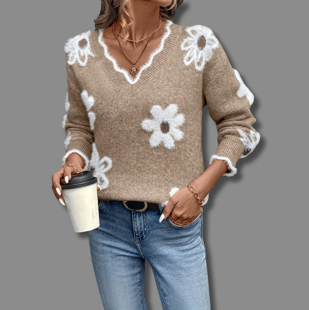 Floral V Neck Relaxed Knit Sweater