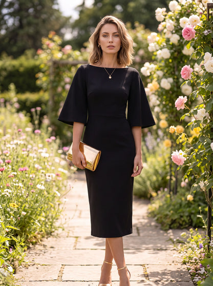 Flutter Sleeve Boat Neck Midi Dress
