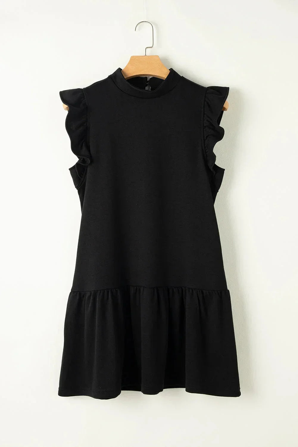 Black - Black textured mini dress featuring flutter sleeves, a high neckline, and a drop-waist ruffled hem.