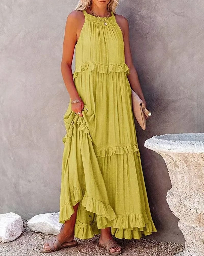 Gauze Halter Tiered Maxi Dress