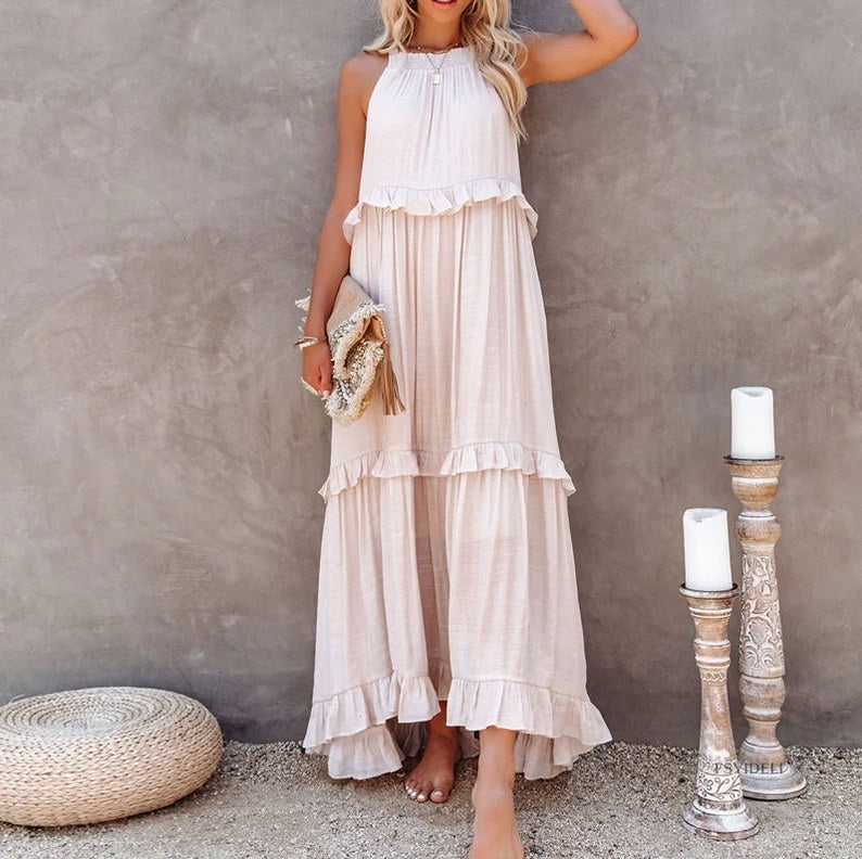 Gauze Halter Tiered Maxi Dress