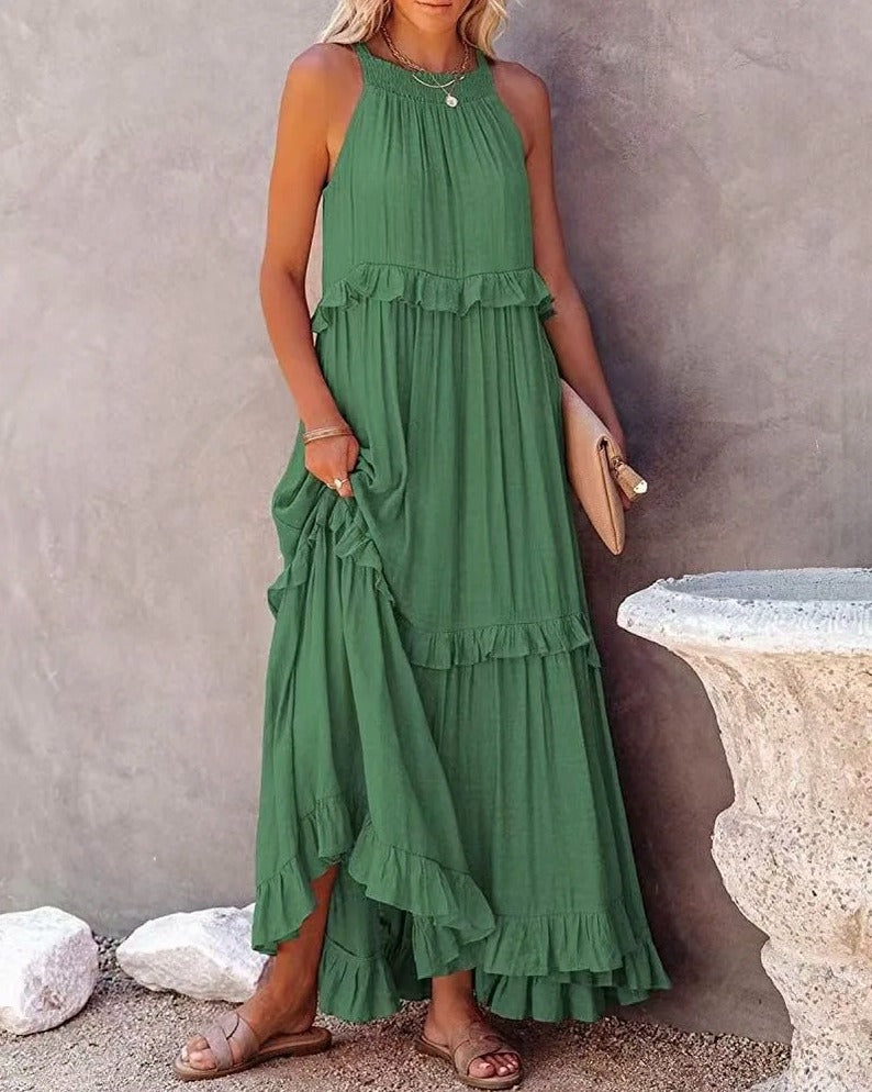 Gauze Halter Tiered Maxi Dress