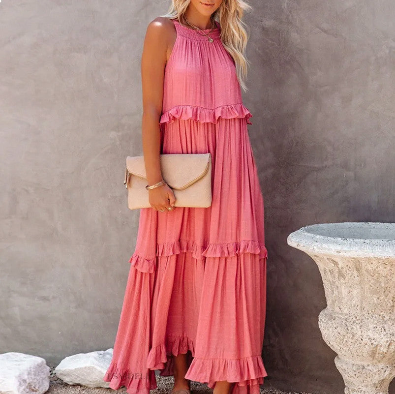 Gauze Halter Tiered Maxi Dress