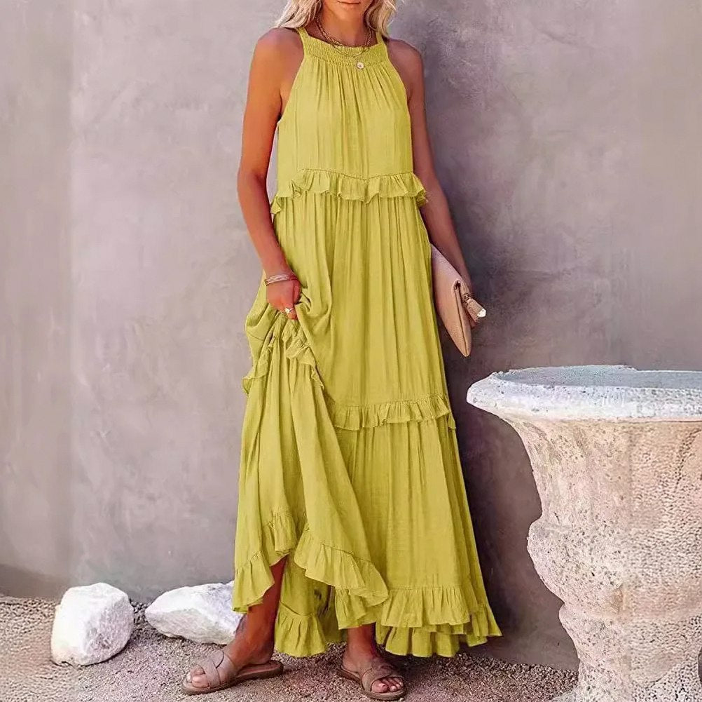 Gauze Halter Tiered Maxi Dress
