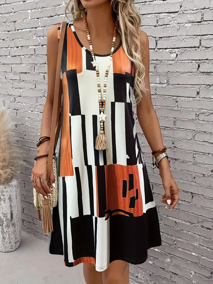 Light Brown - A woman wearing a sleeveless A-line shift dress featuring a bold black, white, and rust-orange geometric block print, styled with a bohemian wooden bead tassel necklace and a woven shoulder bag.