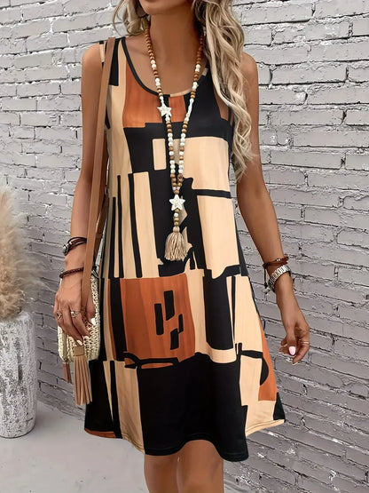 Chocolate - A woman wearing a sleeveless A-line shift dress featuring a bold black, white, and rust-orange geometric block print, styled with a bohemian wooden bead tassel necklace and a woven shoulder bag.