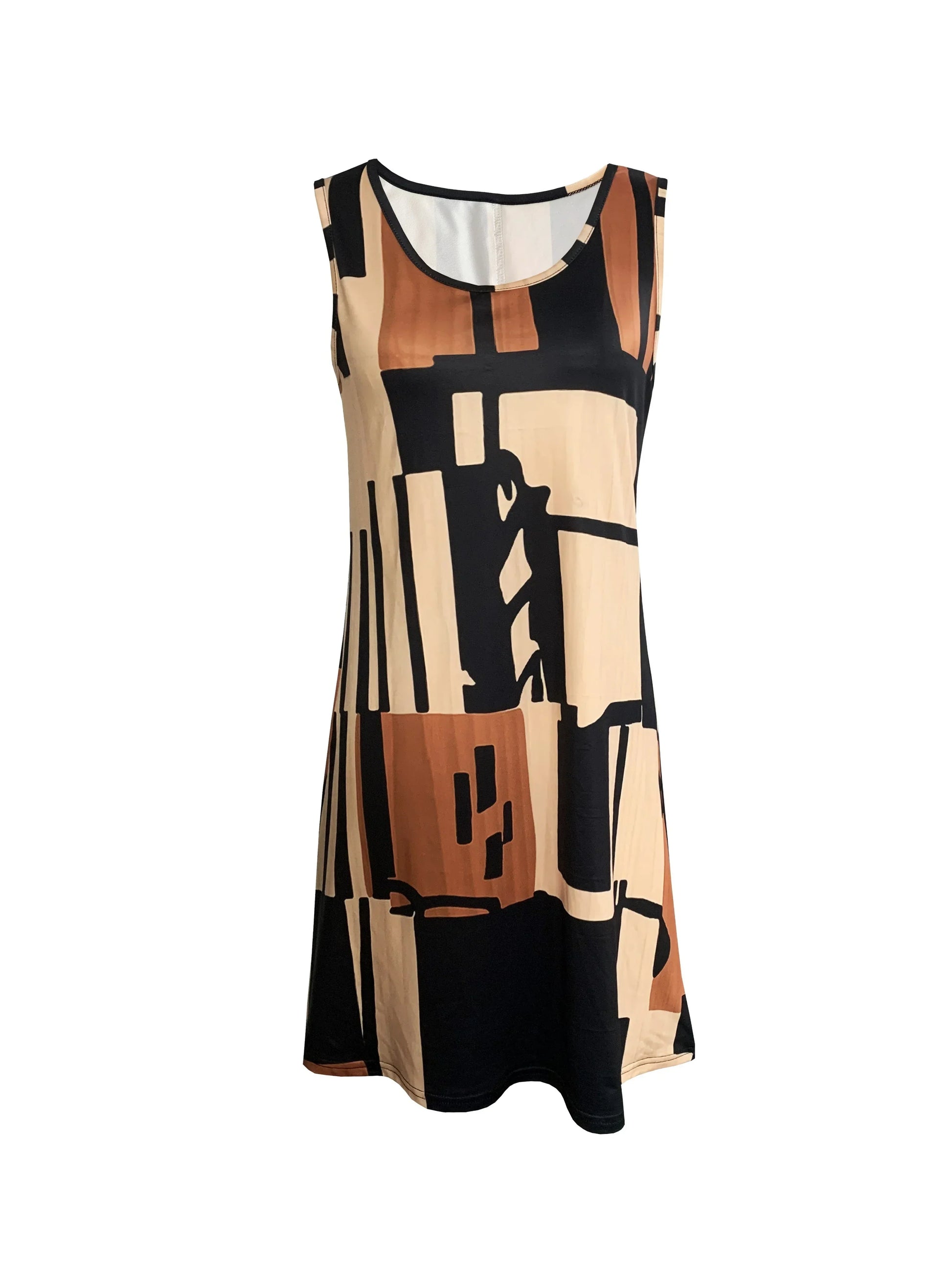 Chocolate - A woman wearing a sleeveless A-line shift dress featuring a bold black, white, and rust-orange geometric block print, styled with a bohemian wooden bead tassel necklace and a woven shoulder bag.