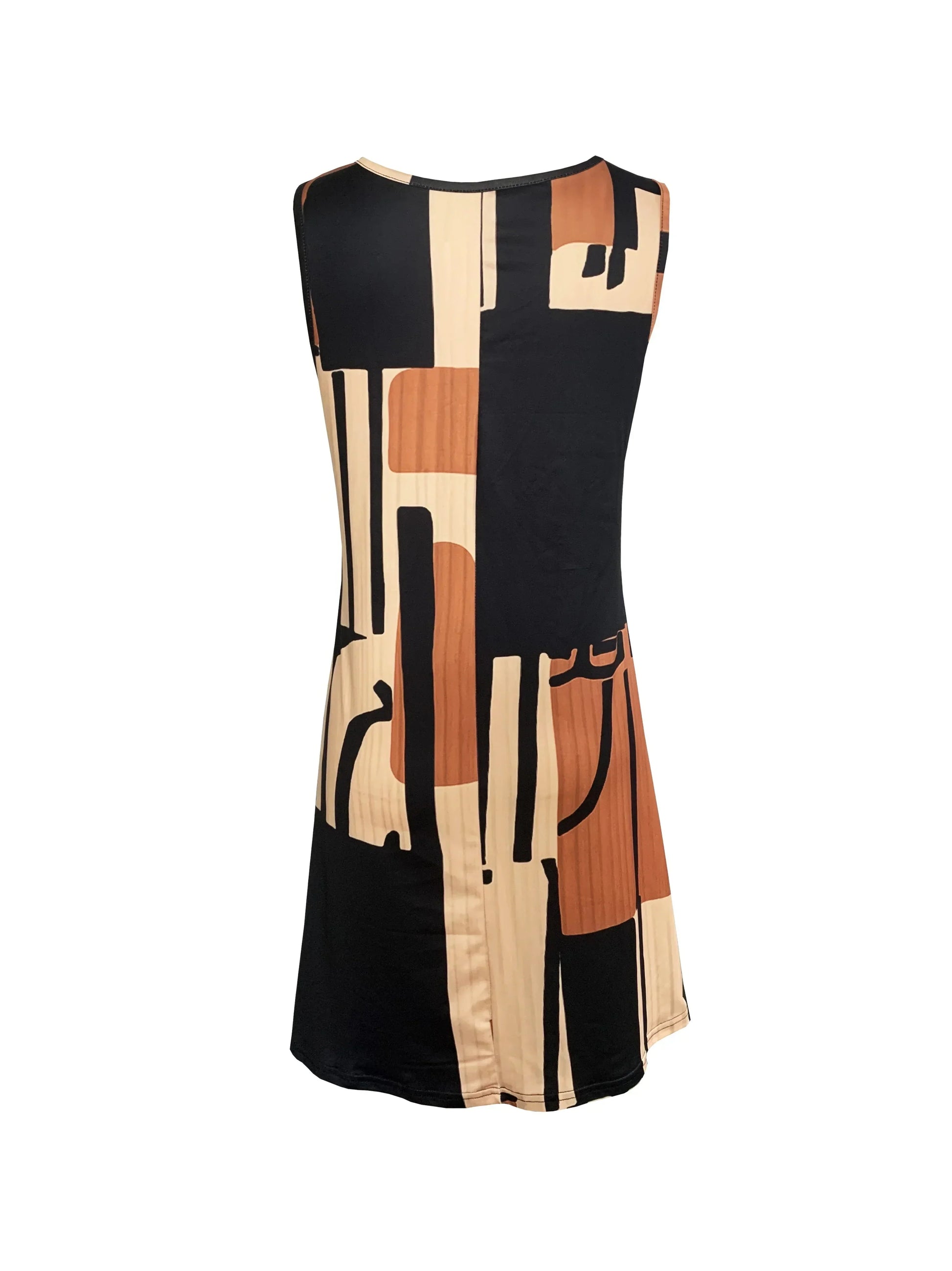 Chocolate - A woman wearing a sleeveless A-line shift dress featuring a bold black, white, and rust-orange geometric block print, styled with a bohemian wooden bead tassel necklace and a woven shoulder bag.