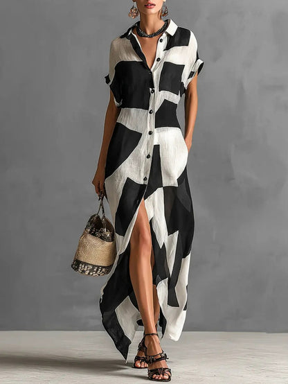 Geometric Button Front Maxi Shirt Dress