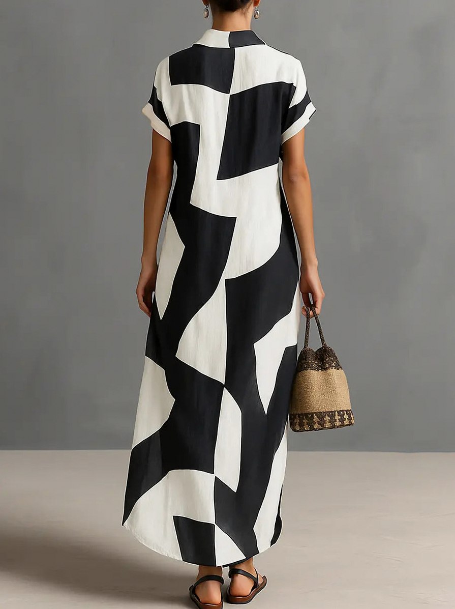Geometric Button Front Maxi Shirt Dress