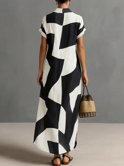 Geometric Button Front Maxi Shirt Dress