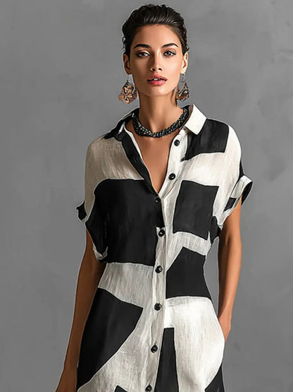 Geometric Button Front Maxi Shirt Dress