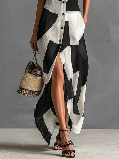 Geometric Button Front Maxi Shirt Dress