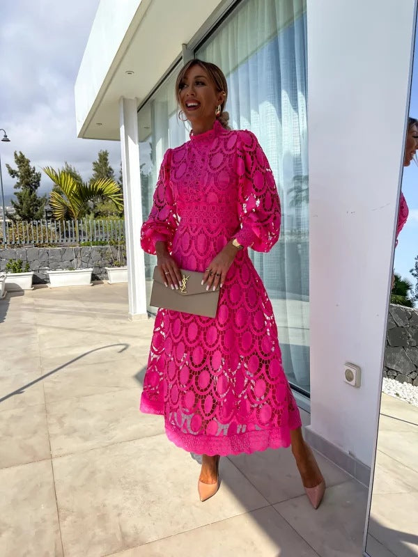 Pink - Light blush pink geometric crochet midi dress featuring a high scalloped mock neck, long balloon sleeves, banded waist, and partially lined A-line skirt.