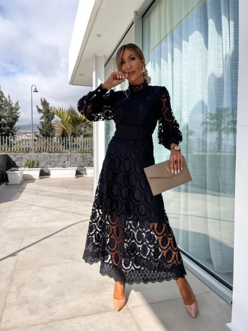 Black - Light blush pink geometric crochet midi dress featuring a high scalloped mock neck, long balloon sleeves, banded waist, and partially lined A-line skirt.