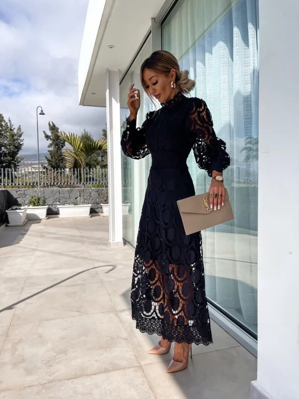 Black - Light blush pink geometric crochet midi dress featuring a high scalloped mock neck, long balloon sleeves, banded waist, and partially lined A-line skirt.