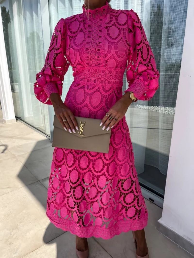 Black - Light blush pink geometric crochet midi dress featuring a high scalloped mock neck, long balloon sleeves, banded waist, and partially lined A-line skirt.