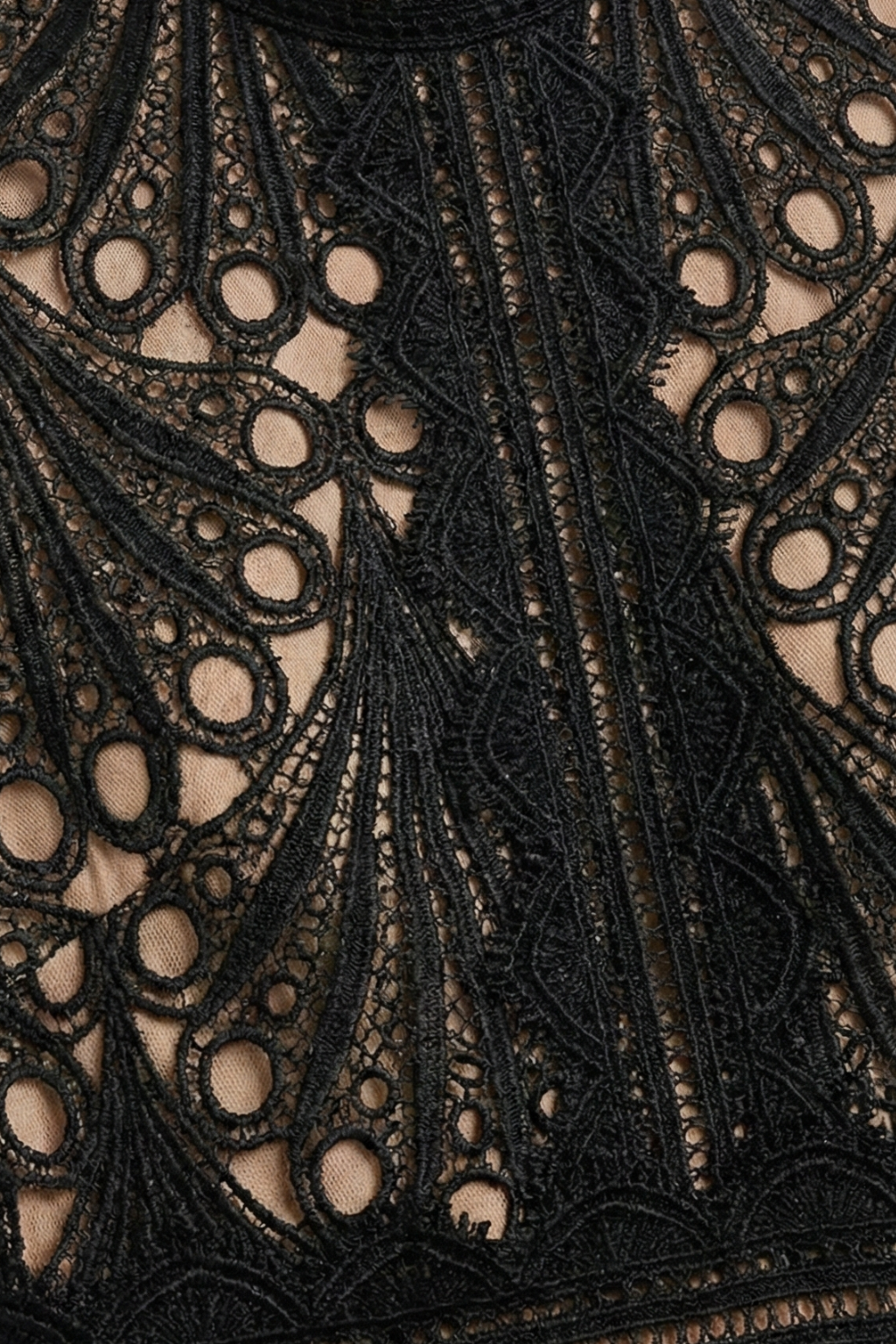 Black - Black geometric guipure lace midi dress featuring a high scalloped neckline, short sleeves, a banded waist, and an A-line skirt over a nude lining.