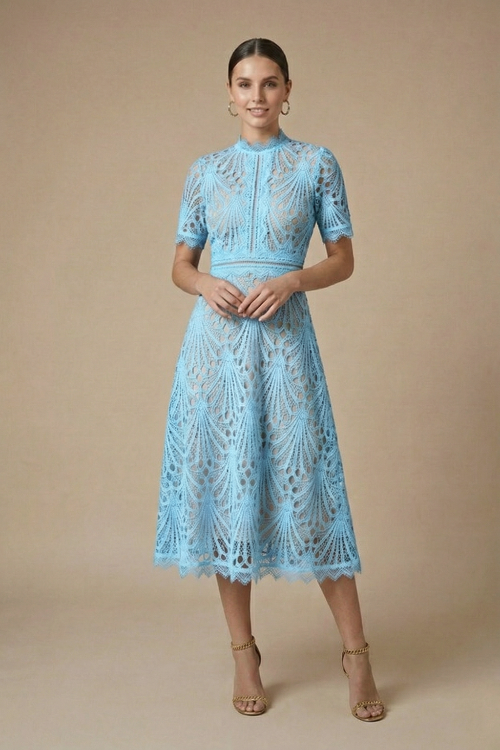 Light Blue - Black geometric guipure lace midi dress featuring a high scalloped neckline, short sleeves, a banded waist, and an A-line skirt over a nude lining.