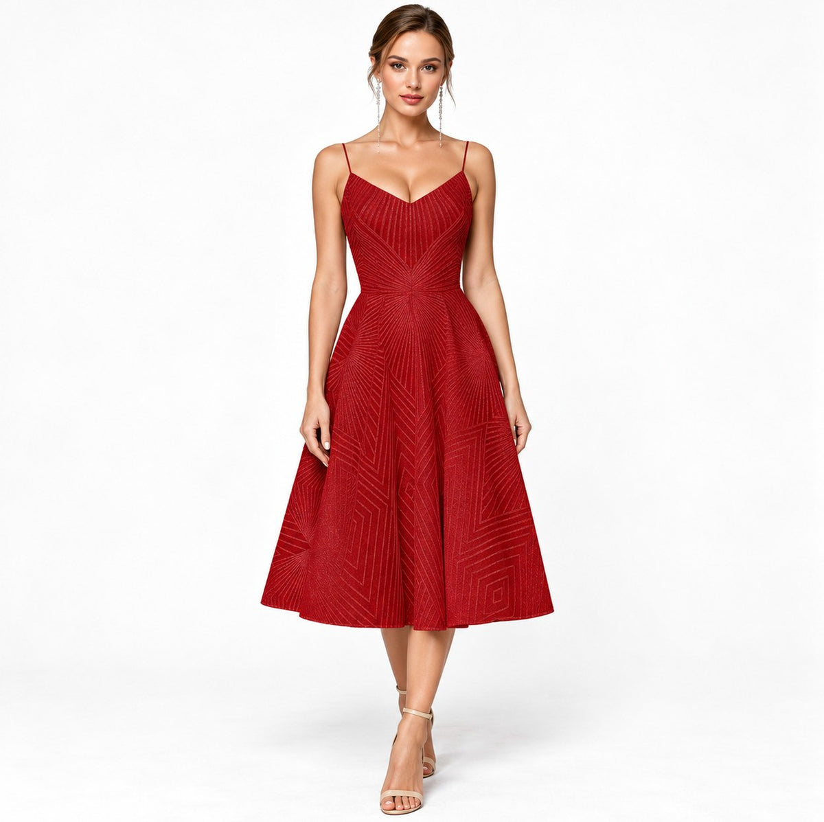 Geometric Sweetheart Pleated A-Line Midi Dress