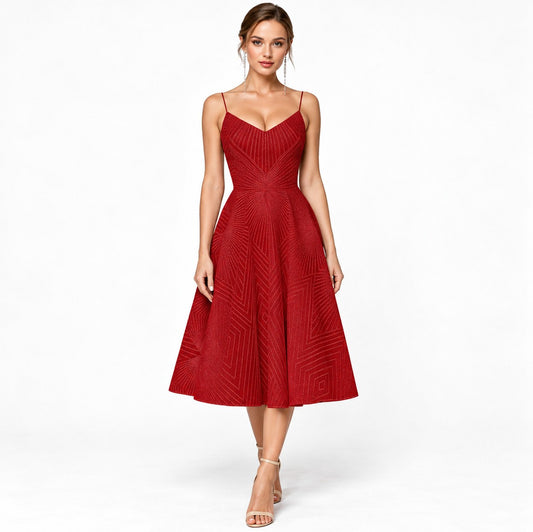 Geometric Sweetheart Pleated A-Line Midi Dress
