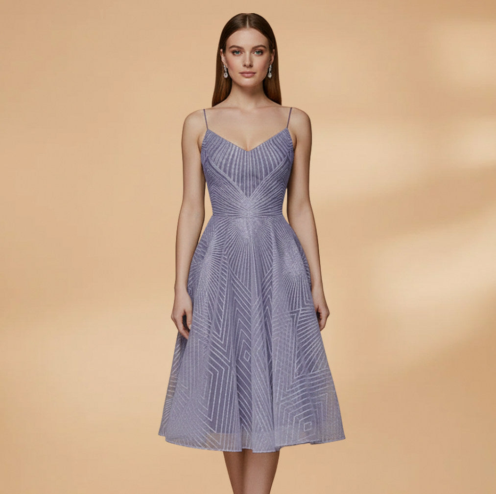 Geometric Sweetheart Pleated A-Line Midi Dress