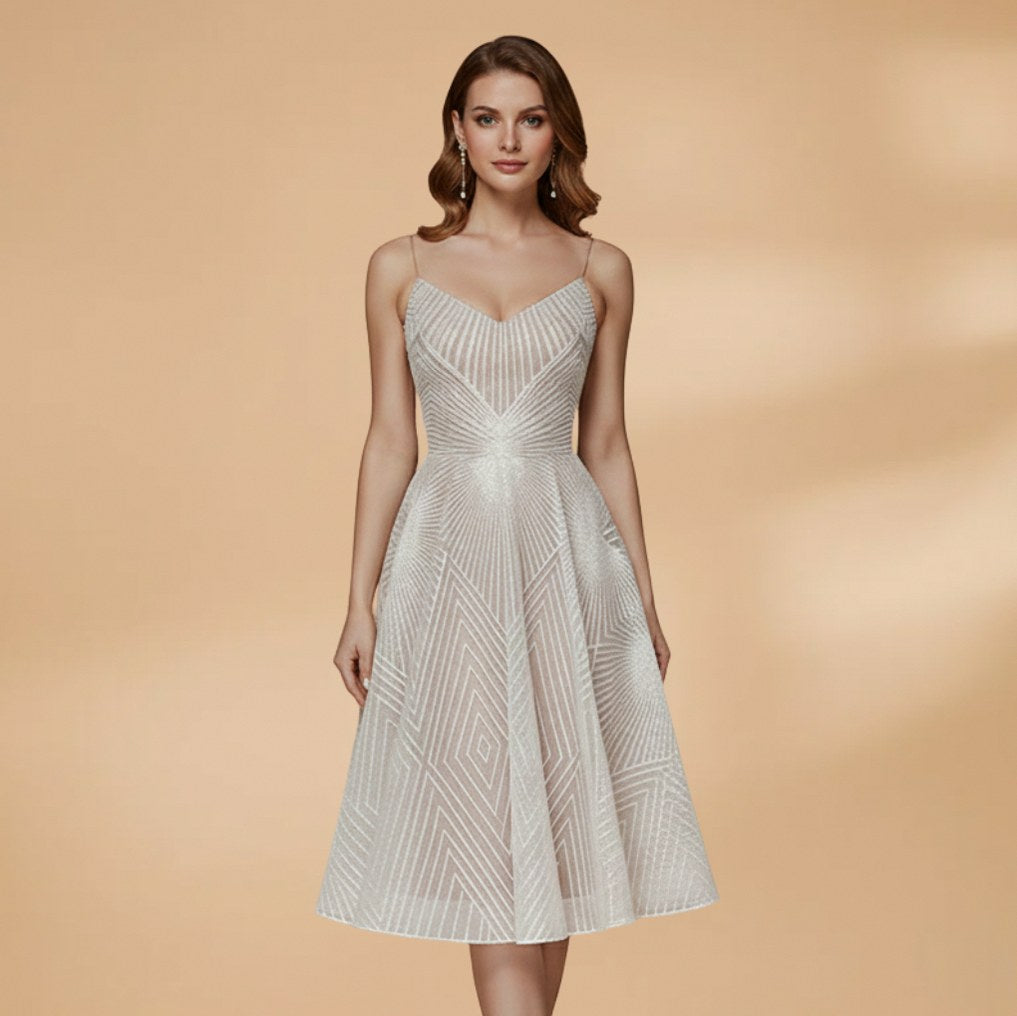 Geometric Sweetheart Pleated A-Line Midi Dress