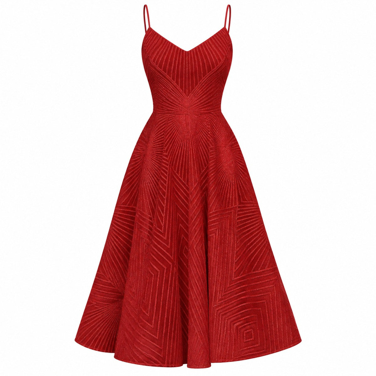 Geometric Sweetheart Pleated A-Line Midi Dress