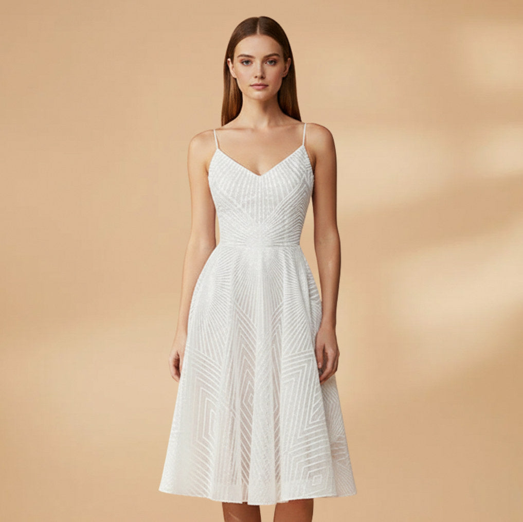 Geometric Sweetheart Pleated A-Line Midi Dress