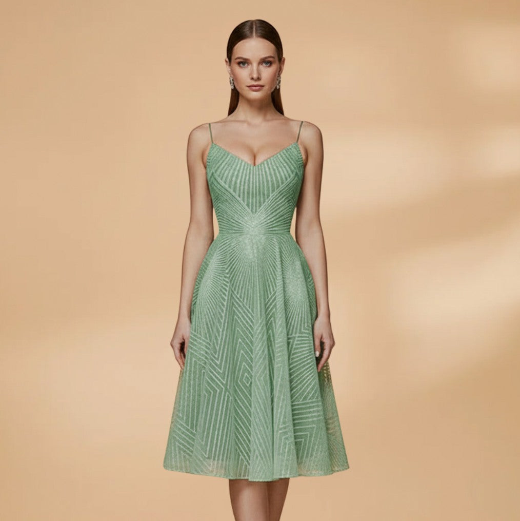 Geometric Sweetheart Pleated A-Line Midi Dress