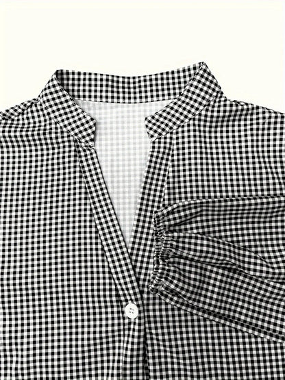 Blue - Pink and white gingham tiered mini dress featuring a collared v-neckline, button-front bodice, and three-quarter sleeves.